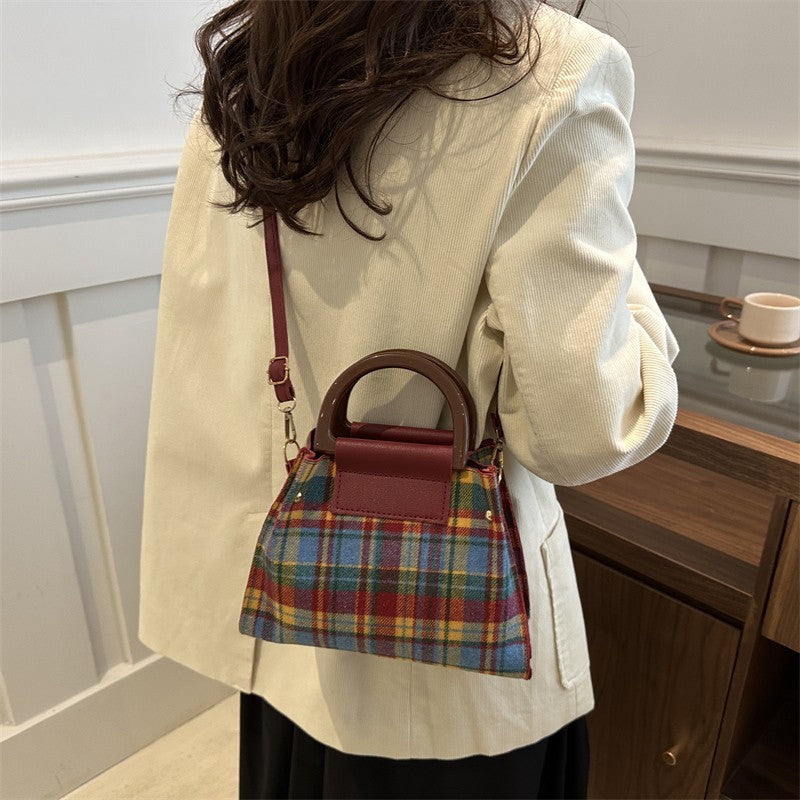 Sac seau décontracté à bandoulière en laine à carreaux rétro pour femme 