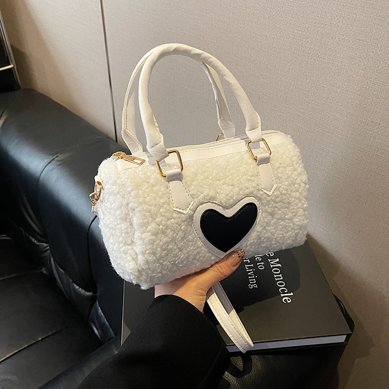 Women Fashion Casual Plush Heart Zipper Handbag
