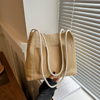 Women Summer Simple Straw Woven Large Capacity Shoulder Tote Bag