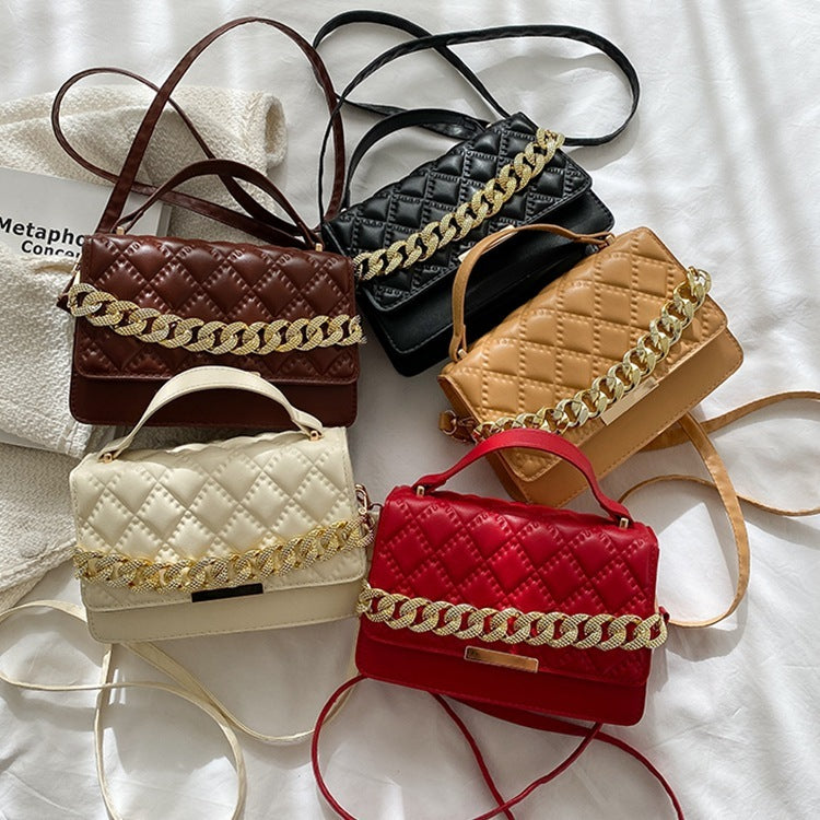 Women Fashion Thick Chain Rhombus Stitching Design Solid Color PU Crossbody Bag