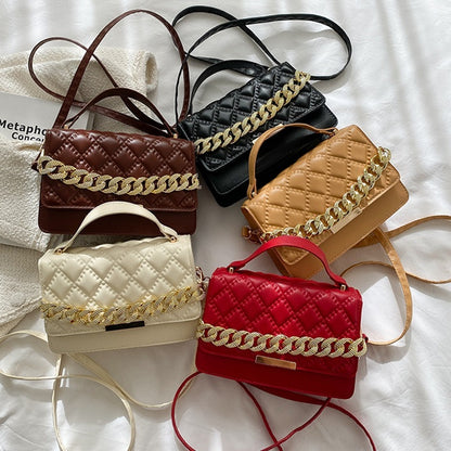 Women Fashion Thick Chain Rhombus Stitching Design Solid Color PU Crossbody Bag