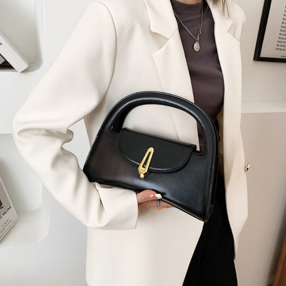 Women Chic Flap Buckle Design Solid Color PU Handle Bag