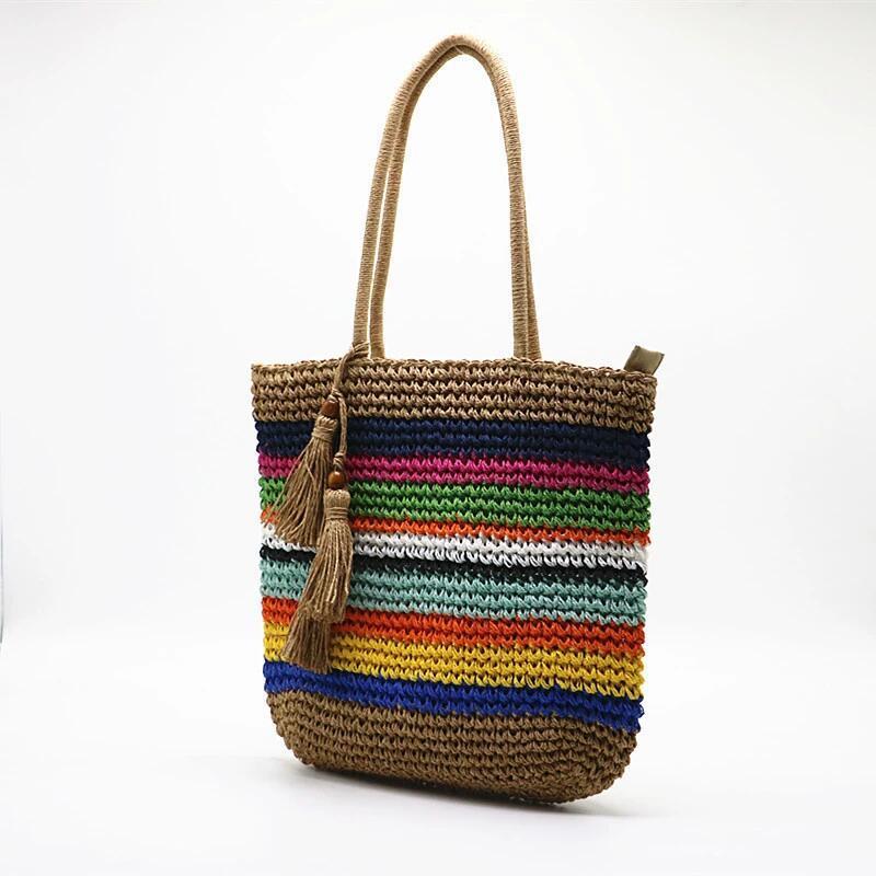 Women Fashion Boho Rainbow Colorful Vacation Woven Shoulder Bag