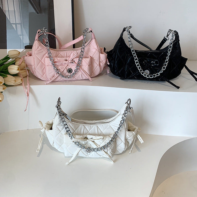 Women Fashion Solid Color Rhomboid Chain Saddle Shoulder Bag