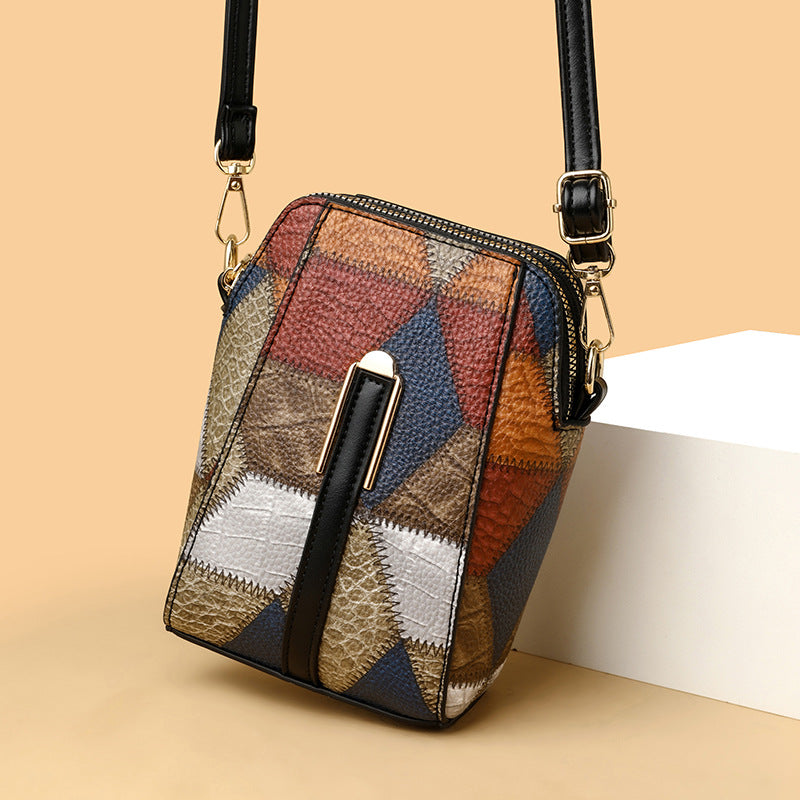 Sac à bandoulière en PU à motif patchwork de diamants et blocs de couleurs irréguliers pour femmes 