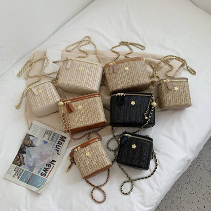 Women Fashion Simple Straw Woven Zipper Square Crossbody Bag