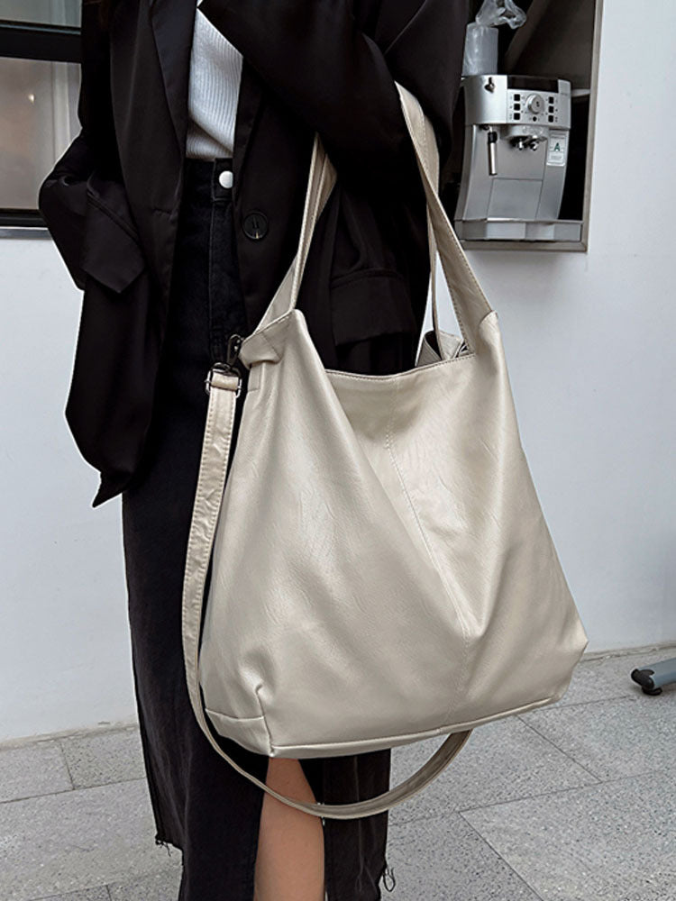 Women Fashion Retro Solid Color Large Capacity PU Tote Bag