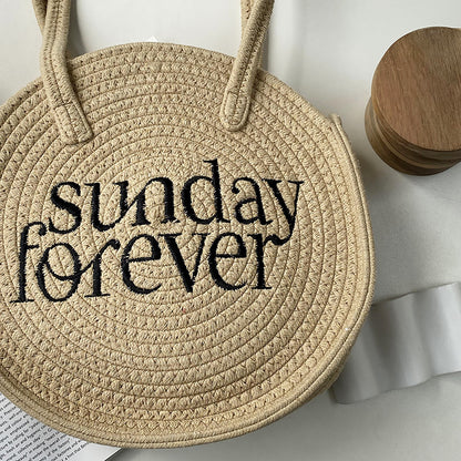 Fashion Vacation Round Shape Sunday Forever Letter Straw Woven Shoulder Bag