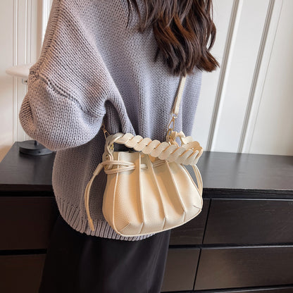 Women Fashionable Simple Solid Color Creased Strap PU Bucket Crossbody Bag