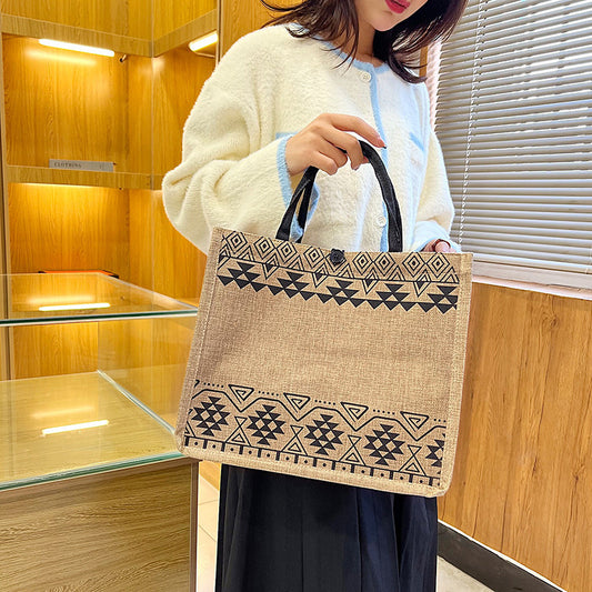 Sac à bandoulière tissé décontracté à imprimé géométrique pour femme, grande capacité, avec poignée unique 