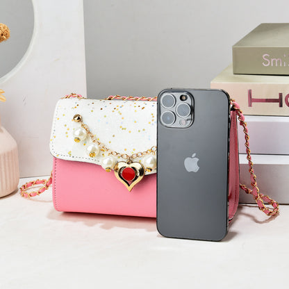 Sac bandoulière élégant à paillettes carrées et bordure en chaîne 