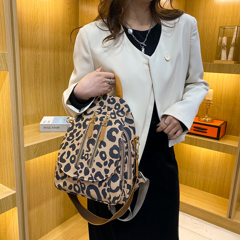 Women Fashion Leopard Pattern Zipper Design Multifunctional Large Capacity PU Backpack