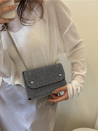 Women Fashion Square Flap Rhinestone Chain Crossbody Bag