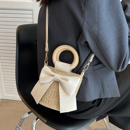 Sac seau en paille tissée avec nœud style bohème 
