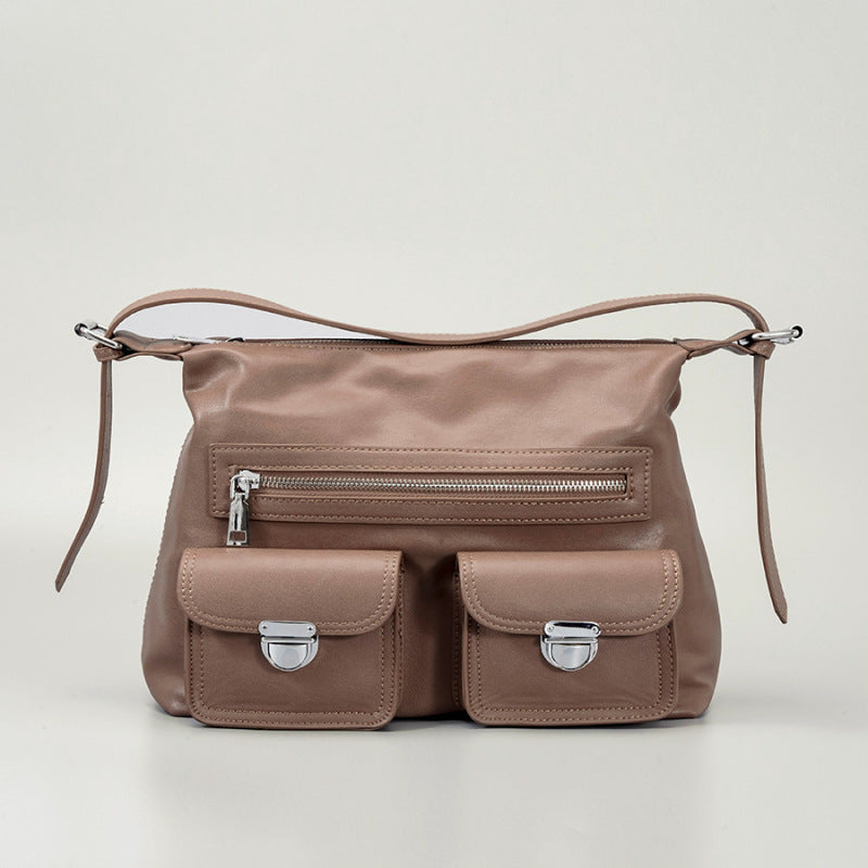 Women Fashion Simple Solid Leather Large Capacity Shoulder Zipper Underarm Bag