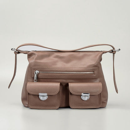 Women Fashion Simple Solid Leather Large Capacity Shoulder Zipper Underarm Bag