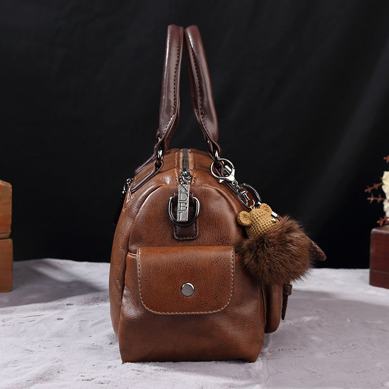 Women Fashion Retro Large Capacity Rivet Fur Ball Pendant PU Handle Shoulder Bag