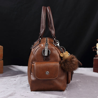 Women Fashion Retro Large Capacity Rivet Fur Ball Pendant PU Handle Shoulder Bag