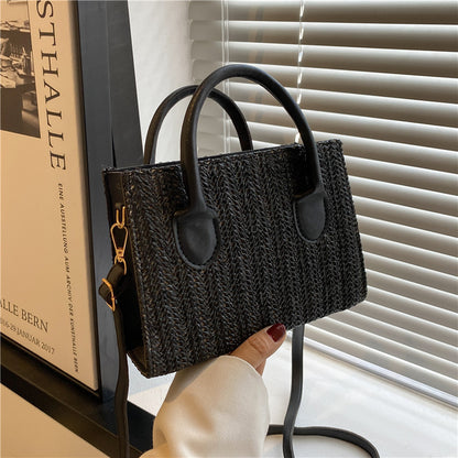 Sac à bandoulière en paille tissée pour femme, simple et tendance, grande capacité, avec poignée carrée 