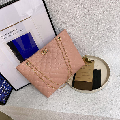 Women Basic Casual Chain Design Rhombus Stitching Solid Color Large Capacity PU Shoulder Bag