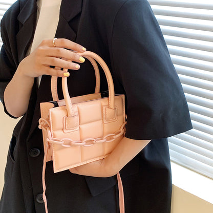 Women Fashion Chain Decorative Plaid Embossed Solid Color PU Crossbody Bag