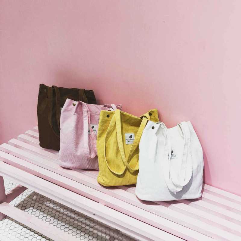 Women Casual Basic Solid Color Large Capacity Corduroy Tote Bag