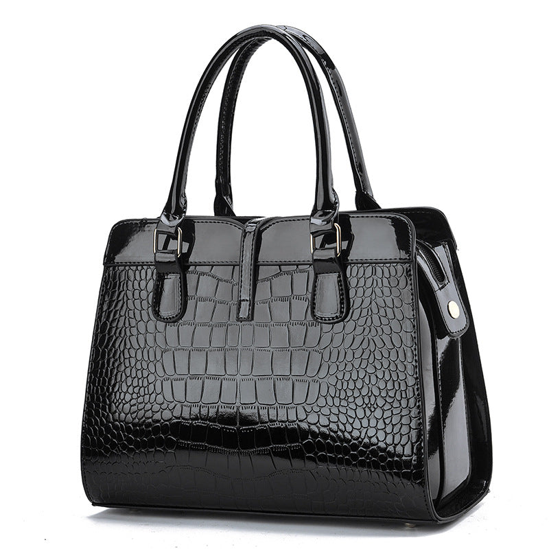 Women Fashion Bright Leather Large Capacity Crocodile Print Square Handbag