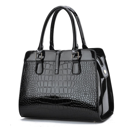 Women Fashion Bright Leather Large Capacity Crocodile Print Square Handbag