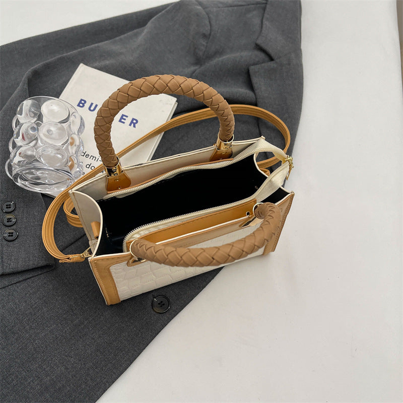 Sac à bandoulière tissé à motif pierre et blocs de couleurs pour femme, avec poignée carrée 