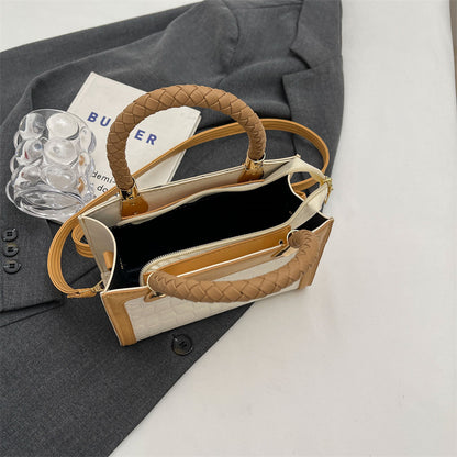 Sac à bandoulière tissé à motif pierre et blocs de couleurs pour femme, avec poignée carrée 