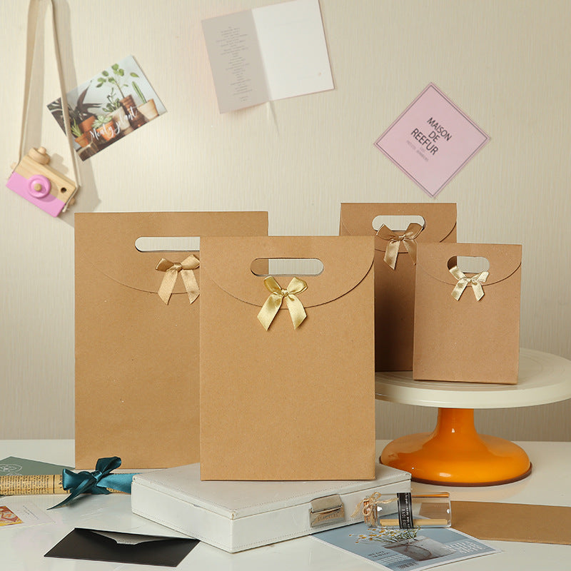 Simple Solid Color Kraft Paper Bow Knot Gift Bag