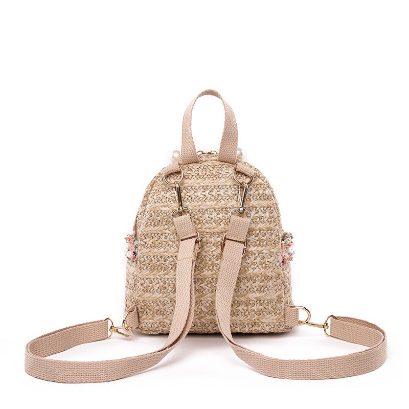 Straw Woven Women Pastoral Pearl Design Solid Color Backpack