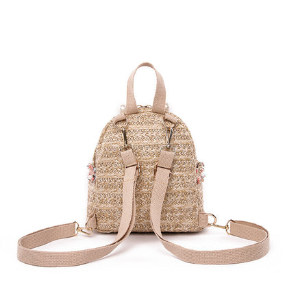 Straw Woven Women Pastoral Pearl Design Solid Color Backpack