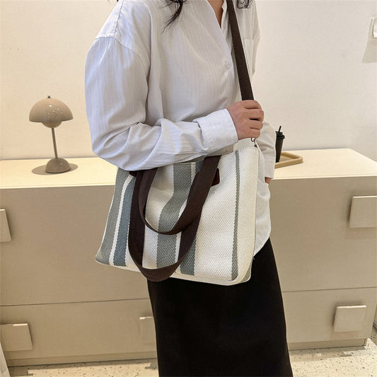 Women Casual Stripe Large Capacity Tote One Shoulder Canvas Bag