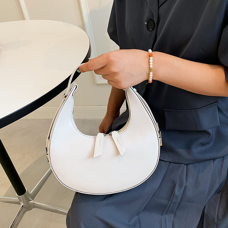 Women Chic Zipper Design Crescent Shape Solid Color PU Underarm Bag