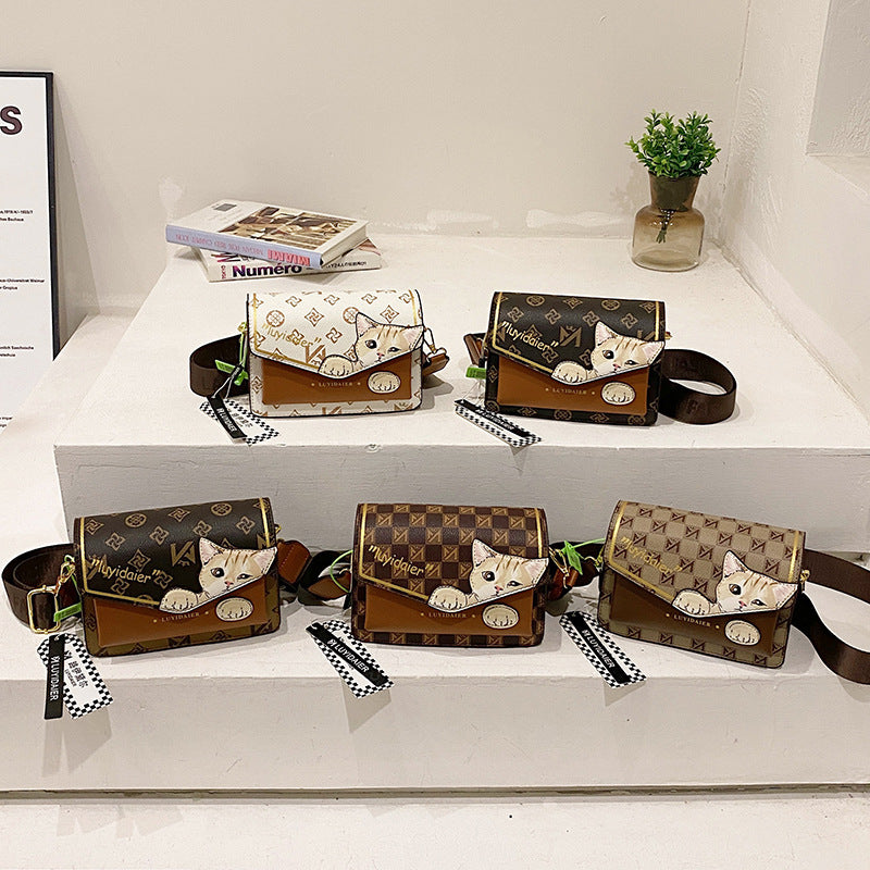 Women Fashion Cartoon Cat Print Flap Square Crossbody Bag