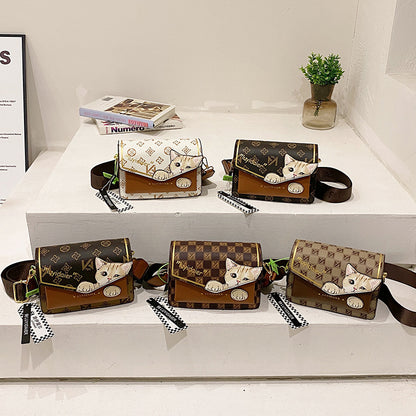 Women Fashion Cartoon Cat Print Flap Square Crossbody Bag