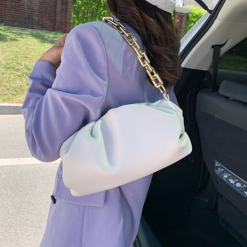 Women Creative Thick Chain Crease Design Solid Color PU Underarm Bag