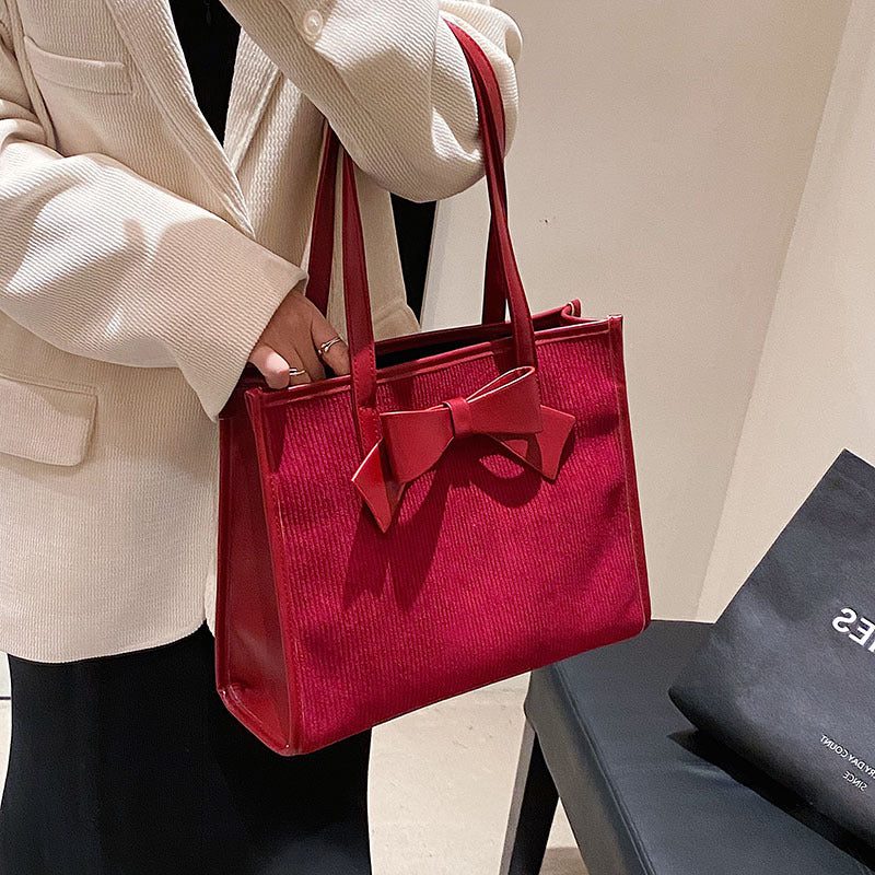Summer Women Fashionable Solid Color Bow Decoration Square Large Capacity Tote Bag