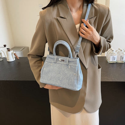 Women Fashion Simple Lock Denim PU Handle Shoulder Bag