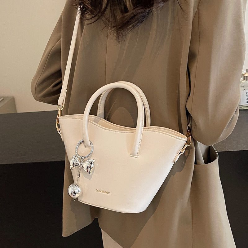 Women Fashionable Simple Bow Ball Pendant PU Handle Shoulder Bag