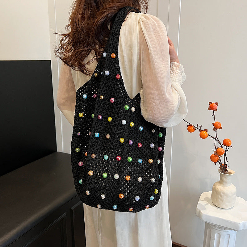 Summer Vacation Women Mori Style Soft Girl Fashion Hollow-Out Pearl Large Capacity Shoulder Woven Bag