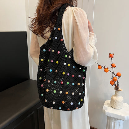 Summer Vacation Women Mori Style Soft Girl Fashion Hollow-Out Pearl Large Capacity Shoulder Woven Bag