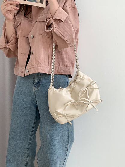 Women Fashion Bow Embellished PU Shoulder Bag