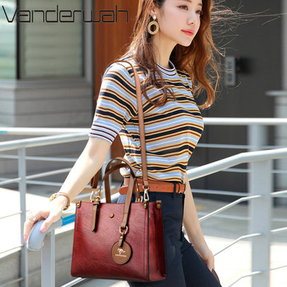Women Casual Pendant Design Solid Color Large Capacity PU Handle Bag
