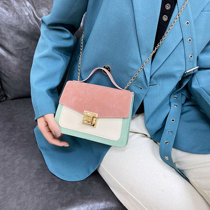 Women Fashion Casual Flap Buckle Design Color Blocking PU Crossbody Bag
