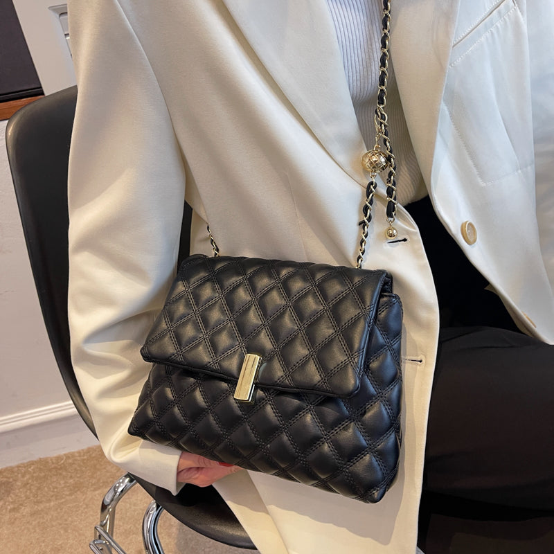 Women Basic Flap Buckle Design Rhombus Stitching Solid Color PU Shoulder Bag