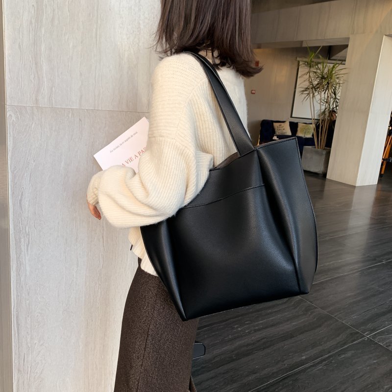 Women Fashion Basic Solid Color Large Capacity PU Shoulder Bag