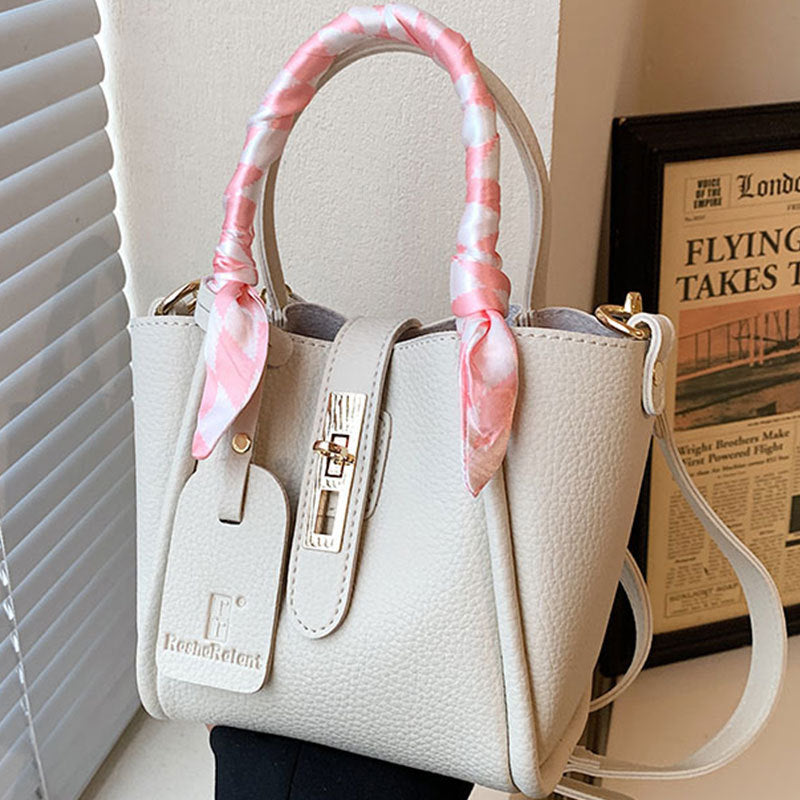 Women Simple Fashion Silk Scarf Decorative Lock PU Handle Shoulder Bag