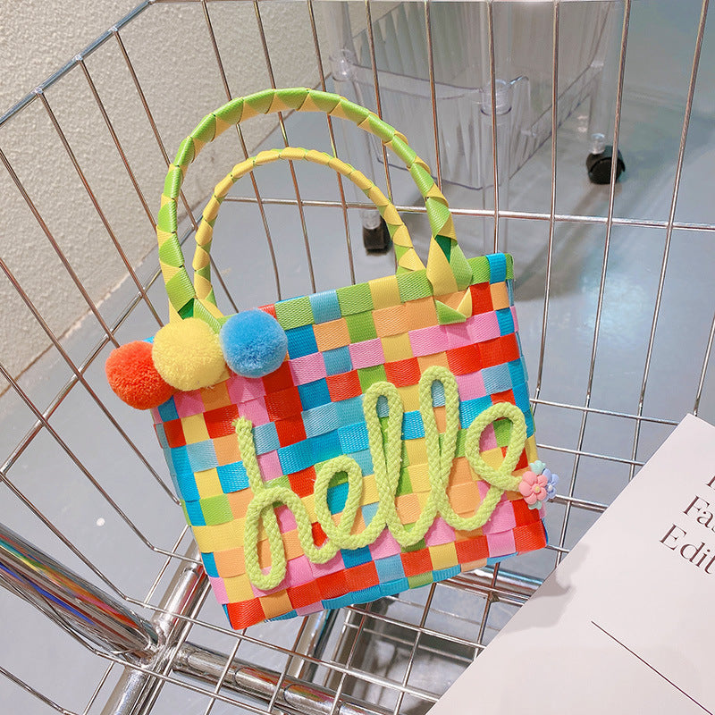 Women Cute Sweet Letters Decorative Colorful Woven Design Pompon Pendant Straw Shoulder Bag